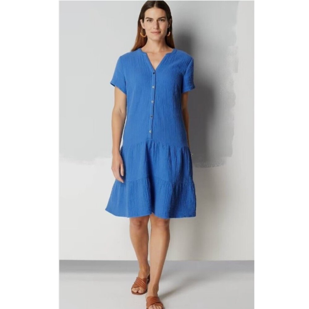 NWT J.JILL Cotton-Gauze Tiered Dress Front Button Short Sleeve in Cyan Blue MP - Picture 2 of 9